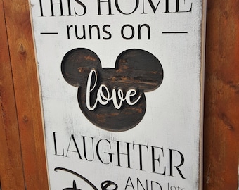 Custom Carved Wooden Sign - "This Home Runs On Love, Laughter and Lots of Disney"