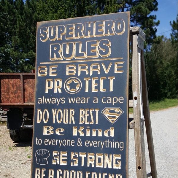 Custom Carved Wooden Sign - "SUPERHERO RULES"