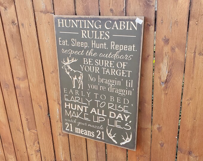 READY TO SHIP - "Hunting Cabin Rules ... " - 13x20 - Oregano