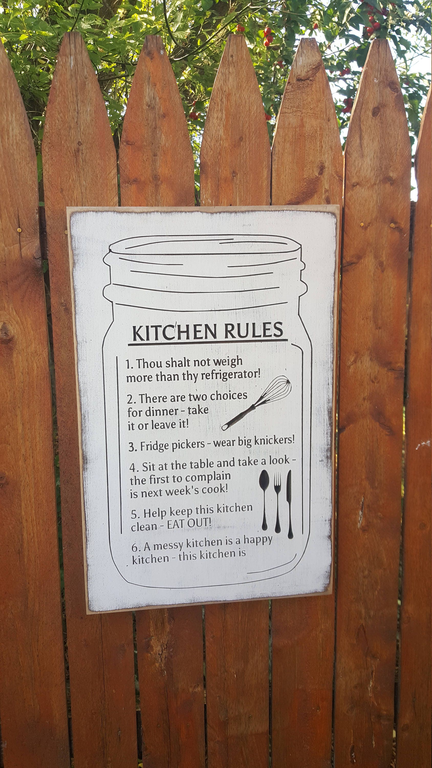 Custom Carved Wooden Sign Kitchen Rules With Mason Jar