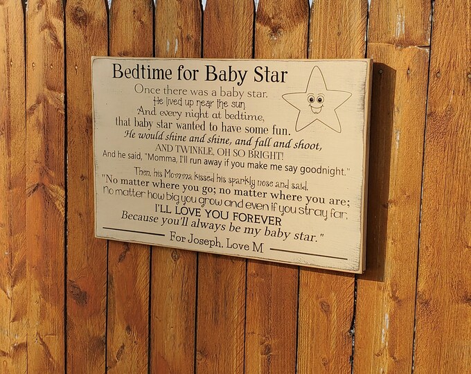 Personalized Custom Carved Wooden Sign - "Bedtime For Baby Star - Once there was a baby star, she lived up near the sun"