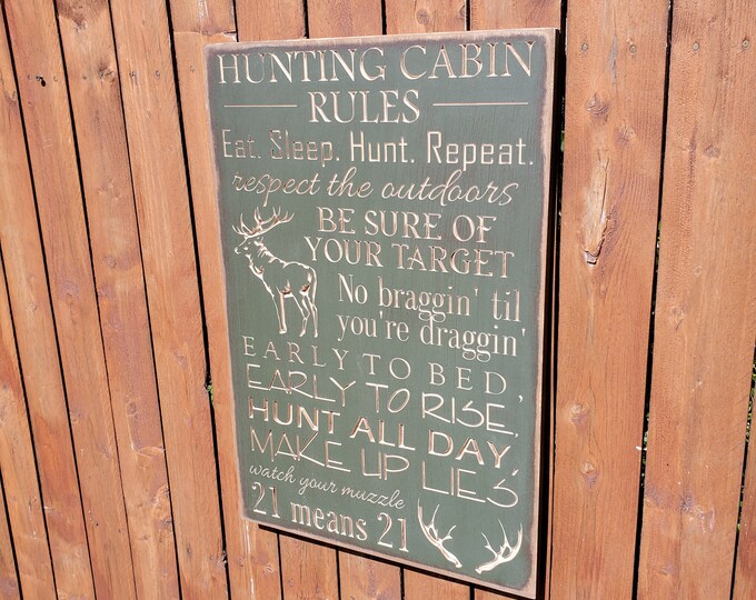 Custom Carved Wooden Sign - "Hunting Cabin Rules"