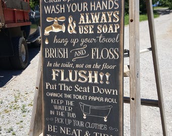 Custom Carved Wooden Sign - "BATHROOM RULES"
