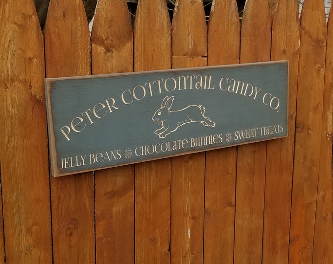 Custom Carved Wooden Sign - "Peter Cottontail Candy Co ..." - 24"x7.5"