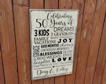 Personalized Carved Wooden Sign - "Celebrating 50 years of Marriage"
