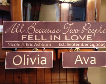 Personalized Carved Wooden Sign - "All Because Two People Fell In Love" - names can be added at any time!