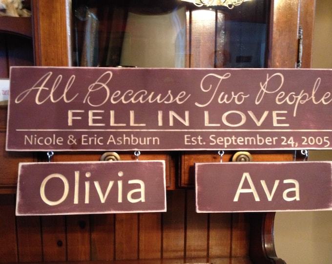 Personalized Carved Wooden Sign - "All Because Two People Fell In Love" - names can be added at any time!