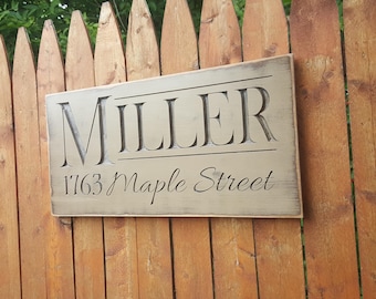 Personalized Family Carved Wooden Sign - Last Name and Address Sign - Family Address Sign