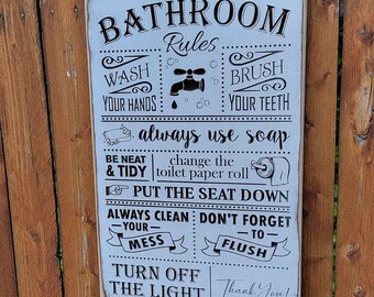 Custom Carved Wooden Sign - "Bathroom Rules - Wash your hands, brush your teeth ..."