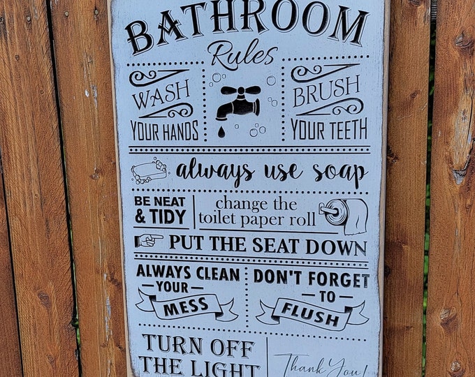 Custom Carved Wooden Sign - "Bathroom Rules - Wash your hands, brush your teeth ..."