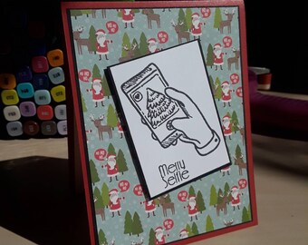 Merry Selfie Card, Christmas Card, Blank Christmas Card, Blank Holiday Card, Selfie Card, Card with Santa, Xmas Card, Teen Christmas Card
