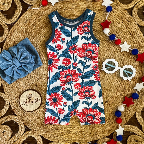 4th of July Floral Tank Romper | 4th of July Romper | 4th of July Outfit | Patriotic Romper | Red, White and Blue Floral Romper