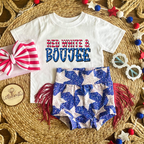 Red White and Boujee Bummies Set | 4th of July Fringe Bummies | 4th of July Glitter Bummies | Patriotic Outfit | Boujee 4th of July Outfit