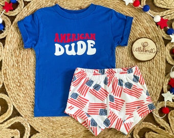 American Dude Tee & Shorties | 4th of July Shorties | Boy 4th of July Outfit | Patriotic Boy Outfit | American Flag Shorties | Boy Bummies