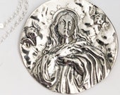 Mary Magdalene Carried by Angels 39mm, Sterling Silver Pendant Necklace, Guardian Angels, Catholic Saint Medal