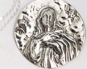 Maria Magdalena gedragen door engelen 39 mm - Sterling zilver + 20 inch Italiaanse sterling zilveren ketting