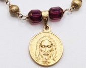 Bracelet - Holy Shroud 18.5mm Red Czech Glass Tiny Gold Heart and Crucifix - 18K Gold Vermeil