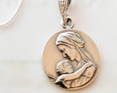 Necklace - Mary & Baby Jesus Sterling Silver 16.5mm + 18 inch Italian Sterling Silver Chain