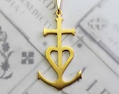 Camargue Cross Pendant, 18K Gold Vermeil Anchor Cross Pendant, Magdalene Angel, Saintes Maries, Spiritual, Faith Cross Pendant - 25x46mm