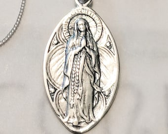 Necklace - Our Lady of the Rosary / Lourdes 16x28mm - Sterling Silver + 18 Inch Italian Sterling Silver Chain