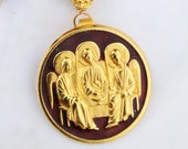 Necklace - Holy Trinity Angels Icon - 18K Gold Vermeil - Genuine Garnet - 18K Gold Plated Parisian 26.5 Inch Chain