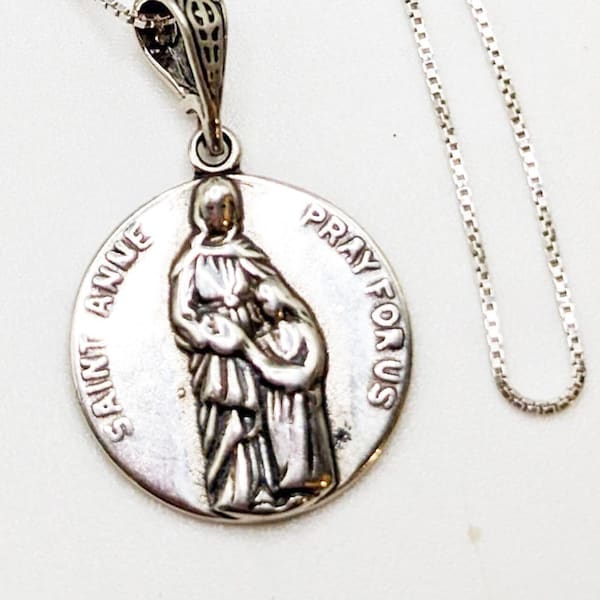 Necklace - Saint Anne and Mary 18mm - Sterling Silver + 18 Inch Italian Sterling Silver Chain