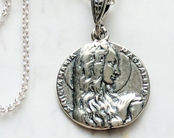 Maria van Magdala-ketting 18 mm, albasten pot en lang haar, sterlingzilver, Maria Magdalena-hanger, 18 inch Italiaanse sterlingzilveren ketting