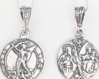 Aartsengel Michaël + Jezus en Maria op keerzijde 15,5 mm - sterlingzilver + 18 inch Italiaanse ketting