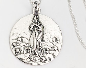 Mary Magdalene Carried by Angels 23mm, Sterling Siilver, 18 Inch Sterling Silver Chain, Guardian Angels, Catholic Saint Medal