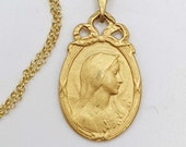 Necklace - Blessed Mother Oval Frame with Bow 18x28mm - 18K Gold Vermeil + 18 Inch Italian 18K Gold Vermeil Chain