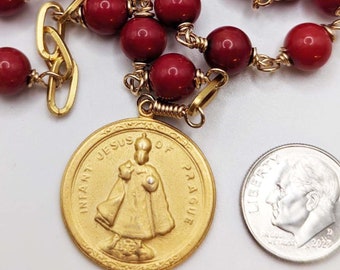 Chaplet - Infant Jesus of Prague 24mm Red Coral - 18K Gold Vermeil