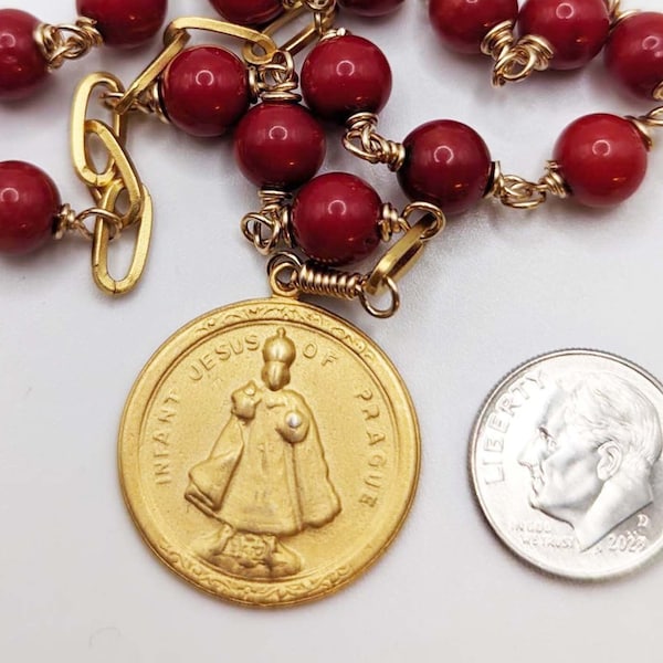 Chaplet - Infant Jesus of Prague 24mm Red Coral - 18K Gold Vermeil