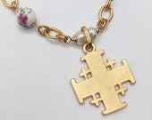 Jerusalem Cross Bracelet 24mm, 18K Gold Vermeil , Porcelain Roses, Freshwater Pearls,18K Gold Plated Parisian Chain, Crusader Cross