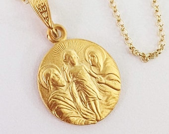 Necklace - Holy Family 18K Gold Vermeil - 15.5mm + 18 Inch Italian 18K Gold Vermeil Chain