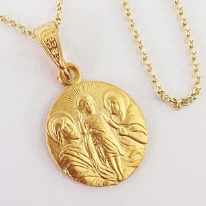 Necklace - Holy Family 18K Gold Vermeil - 15.5mm + 18 Inch Italian 18K Gold Vermeil Chain