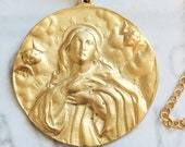 Mary Magdalene Carried by Angels 39mm, 18K Gold Vermeil. 24 Inch Gold Vermeil Italian Chain, Guardian Angels, Catholic Saint