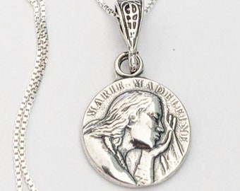 Kleine heilige Maria Magdalena-ketting 13,5 mm - sterlingzilver + 18 inch Italiaanse sterlingzilveren ketting