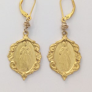 Divine Mercy Earrings / Jesus I Trust In You! 21x30mm - 18K Gold Vermeil