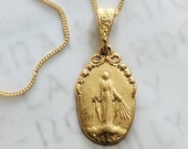 Small Miraculous Medal Necklace 12.5x20mm, 18K Gold Vermeil, 18 Inch Italian 18K Gold Vermeil Chain Chain, Blessed Mother Pendant
