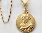 Necklace - Mary & Baby Jesus 18K Gold Vermeil 16.5mm + 18 inch Italian 18K Gold Vermeil Chain
