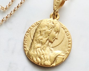 Mary of Magdala Necklace 18mm, Alabaster Jar and Long Hair, 18K Gold Vermeil, Mary Magdalene Pendant, 18 Inch Italian 18K Gold Vermeil Chain