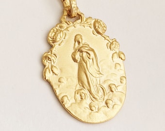 Mary Magdalene Carried by Angels 22x32mm, Sacred Heart on back, 18K Gold Vermeil Pendant, Guardian Angels, Catholic Saint