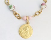 Bracelet - Ste Madeleine 18K Gold Vermeil 18mm - Pink Coral and Floral Porcelain - 18K Gold Plated Parisian Chain