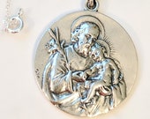 Necklace - St Joseph & Infant Jesus / Our Lady of Lourdes 31mm - Sterling Silver + 18 Inch Italian Sterling Silver Chain