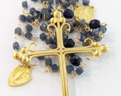 Rosary - Sri Lanka Sapphire + African Sodalite St Mary Magdalene - 18K Gold Vermeil + Miraculous Medal