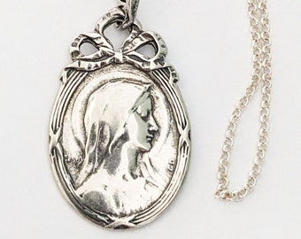 Blessed Mother Oval Frame w/ Bow 18x28mm - Sterling Silver + 18 Inch Italian Sterling Silver Chain