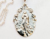 Necklace - Mary Magdalene Carried by Angels / Sacred Heart of Jesus 22 x 32mm - Sterling Silver + 18 Inch Italian Sterling Silver Chain