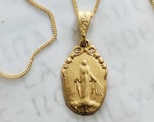 Necklace - Small Miraculous Medal 12.5x20mm - 18K Gold Vermeil + 18 Inch Italian 18K Gold Vermeil Chain