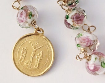 Glass Chaplet - Pink Roses Mary Magdalene at Foot of Cross 19mm - 18K Gold Vermeil