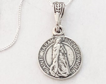 Necklace - Tiny Sainte Sarah & Saintes Maries 14mm - Sterling Silver + 18 inch Italian Sterling Silver Chain